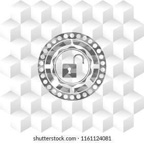 open lock icon inside realistic grey emblem with geometric cube white background
