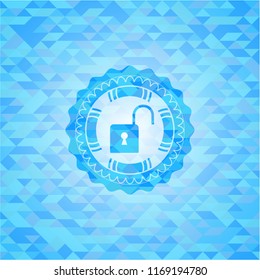 open lock icon inside realistic sky blue mosaic emblem