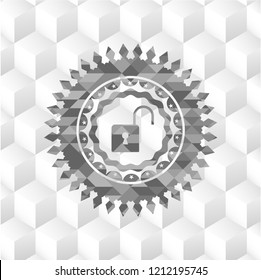 open lock icon inside realistic grey emblem with geometric cube white background