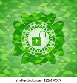 open lock icon inside realistic green emblem. Mosaic background