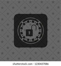 open lock icon inside realistic dark emblem