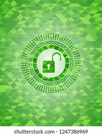 open lock icon inside realistic green mosaic emblem