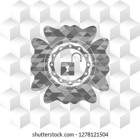 open lock icon inside realistic grey emblem with geometric cube white background
