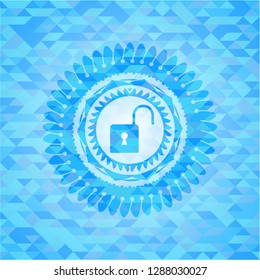 open lock icon inside realistic sky blue mosaic emblem