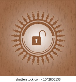 open lock icon inside realistic wooden emblem