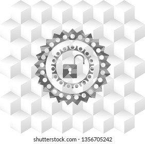 open lock icon inside realistic grey emblem with geometric cube white background