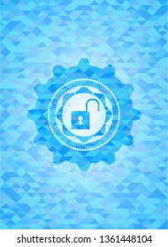 open lock icon inside realistic sky blue mosaic emblem