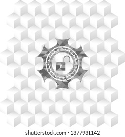open lock icon inside realistic grey emblem with cube white background
