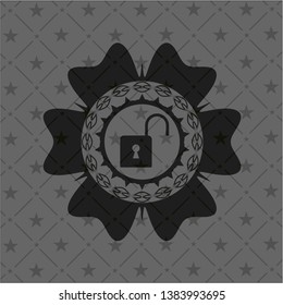open lock icon inside realistic black emblem