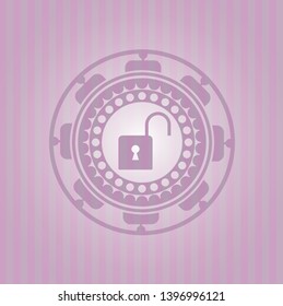open lock icon inside realistic pink emblem