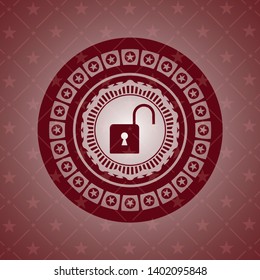 open lock icon inside realistic red emblem