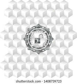 open lock icon inside realistic grey emblem with geometric cube white background