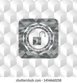 open lock icon inside realistic grey emblem with geometric cube white background