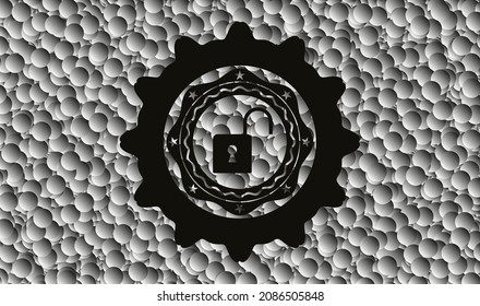 offenes Schloss-Symbol in realistischem schwarzem Emblem mit Bubbles Hintergrund. Vektorgrafik. Detaillierte Angaben. 