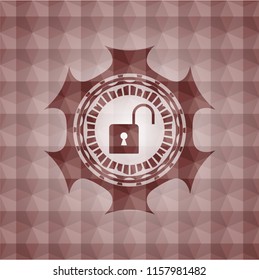 open lock icon inside red seamless badge with geometric pattern.