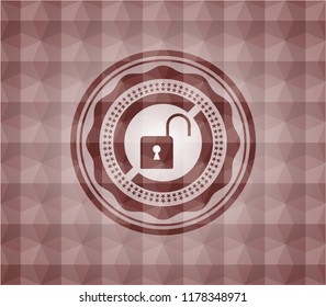 open lock icon inside red emblem or badge with abstract geometric polygonal pattern background. Seamless.