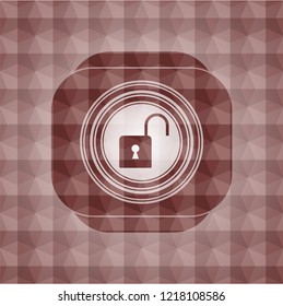 open lock icon inside red polygonal badge. Seamless.