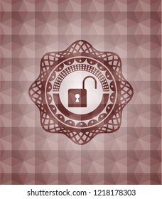 open lock icon inside red seamless emblem with geometric pattern background.