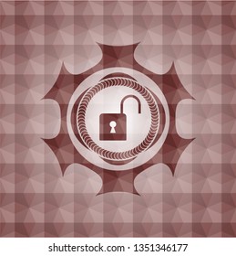 open lock icon inside red badge with geometric pattern. Seamless.