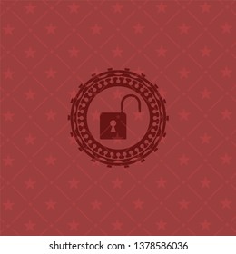 open lock icon inside red emblem. Retro