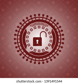 open lock icon inside red emblem. Vintage.
