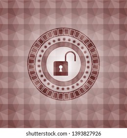 open lock icon inside red seamless emblem with geometric background.