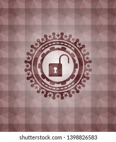 open lock icon inside red seamless geometric pattern emblem. Seamless.