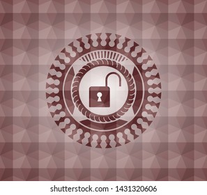 open lock icon inside red polygonal badge. Seamless.