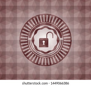 open lock icon inside red seamless geometric pattern emblem. Seamless.