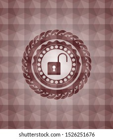 open lock icon inside red emblem with geometric background. Seamless.
