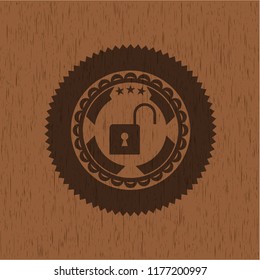 open lock icon inside retro style wood emblem
