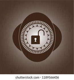 open lock icon inside retro wooden emblem