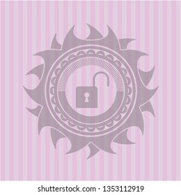 open lock icon inside retro pink emblem