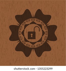 open lock icon inside retro wood emblem
