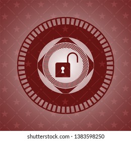open lock icon inside retro style red emblem