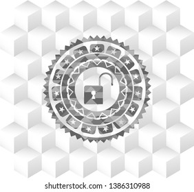 open lock icon inside retro style grey emblem with geometric cube white background