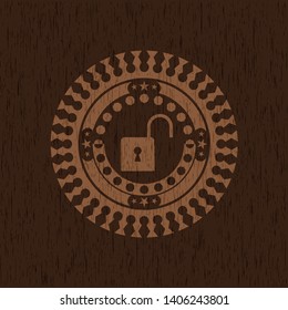 open lock icon inside retro wooden emblem