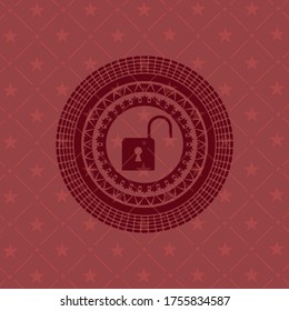 open lock icon inside retro style red emblem. 