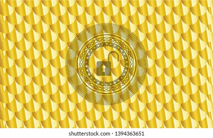 open lock icon inside shiny golden badge. Scales pattern. Vector Illustration. Detailed.