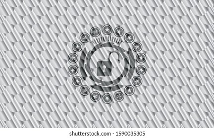 open lock icon inside shiny silver badge. Scales pattern. Vector Illustration. Detailed.