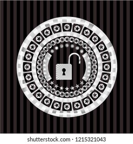 open lock icon inside silver emblem or badge