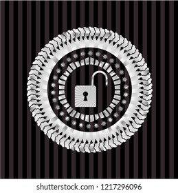open lock icon inside silvery badge or emblem