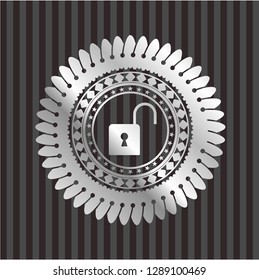 open lock icon inside silvery badge or emblem