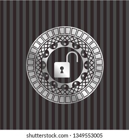 open lock icon inside silvery badge or emblem