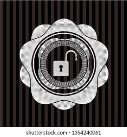 open lock icon inside silvery shiny badge