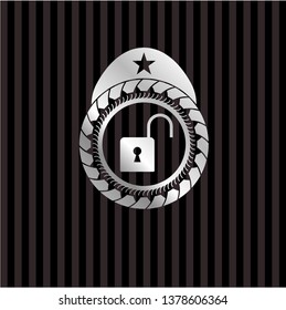 open lock icon inside silvery badge