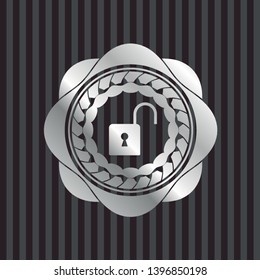 open lock icon inside silvery badge or emblem