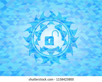 open lock icon inside sky blue emblem. Mosaic background