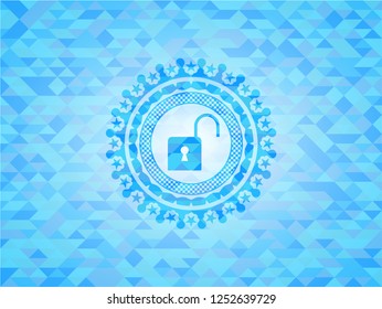 open lock icon inside sky blue emblem with mosaic ecological style background