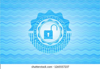 open lock icon inside sky blue water wave style emblem.